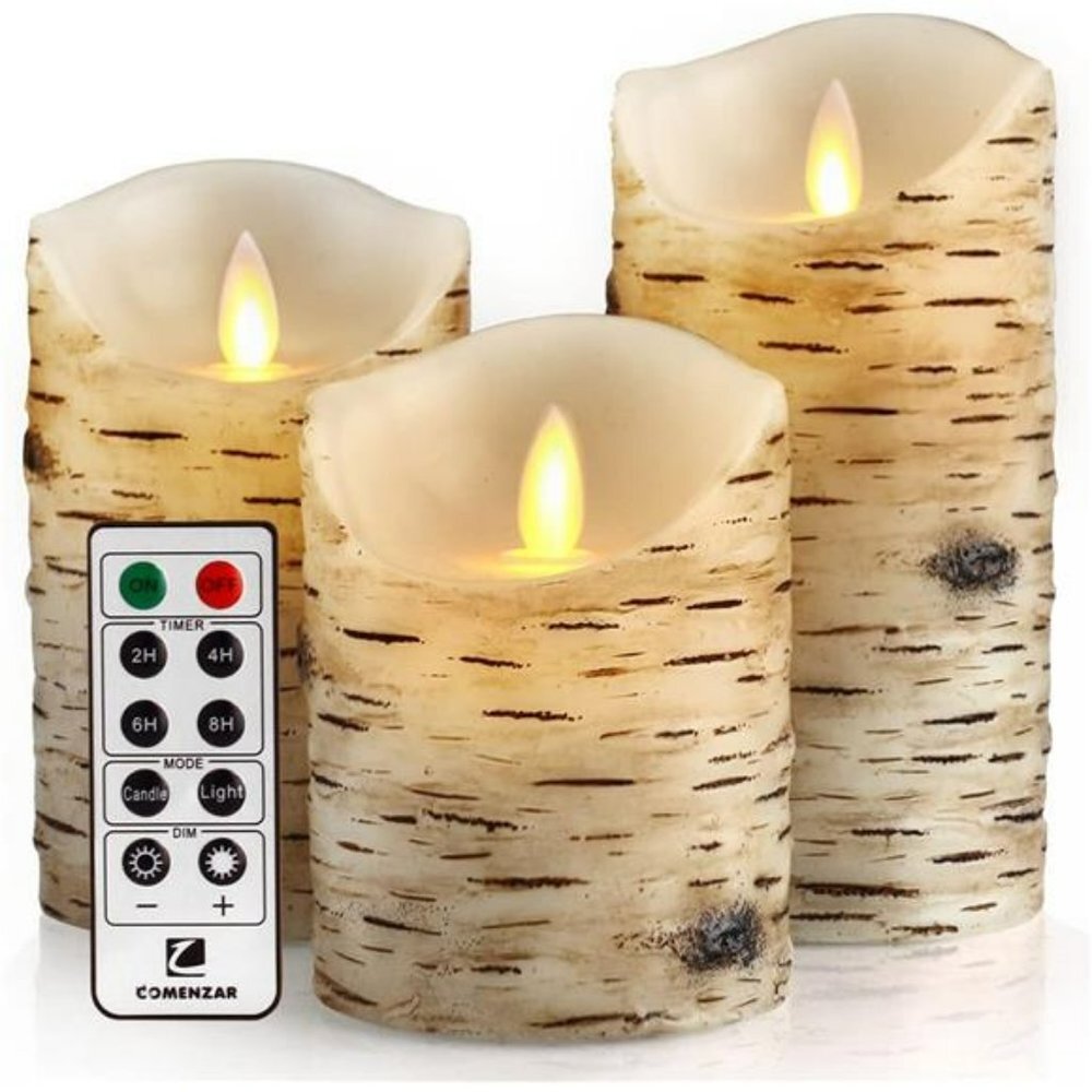 Set of 3 (H: 4" 5" 6" x D: 3.25")Birch Bark Battery Candles Real Wax Pillar